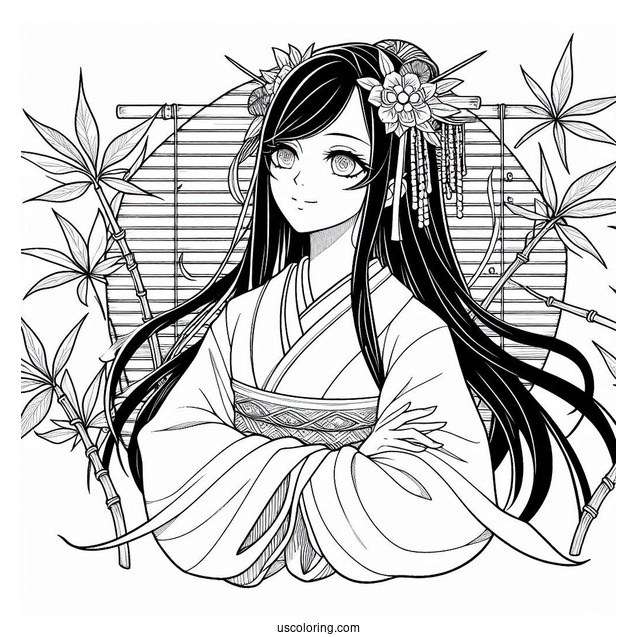 Detailed Nezuko Coloring Page With Bamboo