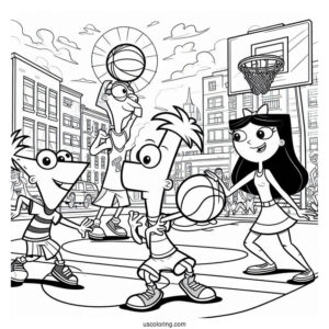 Phineas And Ferb Coloring Page Playing Basketball With Buford, Isabella, Baljeet, Candace, And Perry