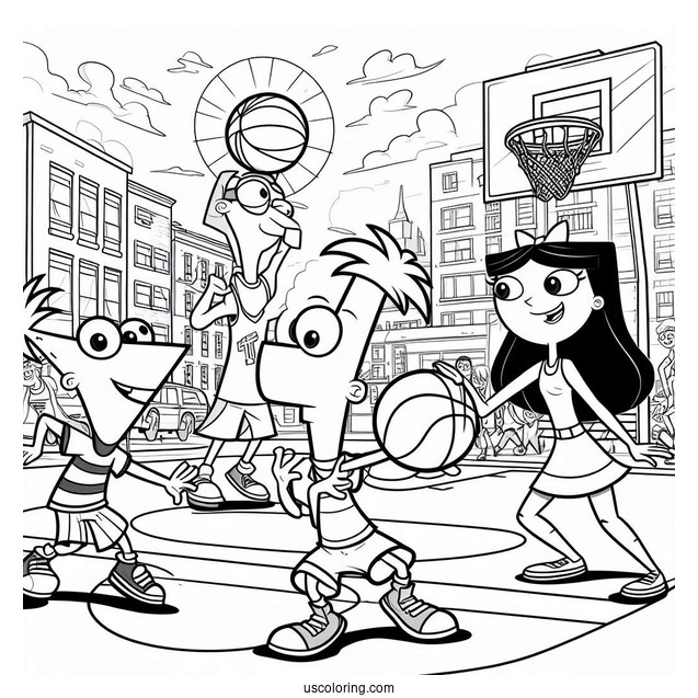 Phineas And Ferb Coloring Page Playing Basketball With Buford, Isabella, Baljeet, Candace, And Perry