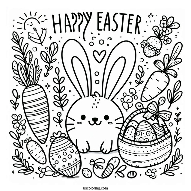 Happy Easter Coloring Page Bunny Ears, Eggs, And Carrot