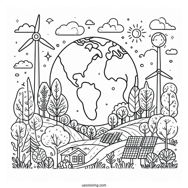 Earth Surrounded By Trees, Windmills, And Solar Panels