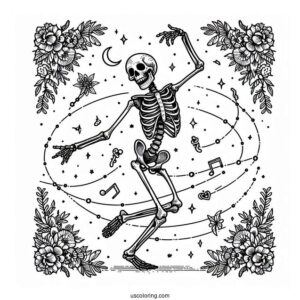 Detailed Adult Skeleton Coloring Page Dancing