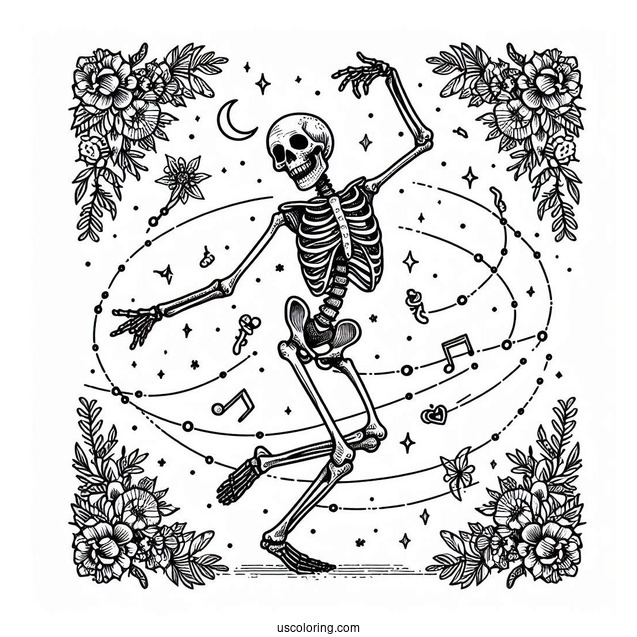 Detailed Adult Skeleton Coloring Page Dancing