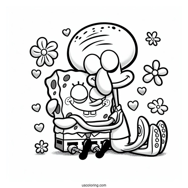 SpongeBob Hugging Squidward Coloring Page