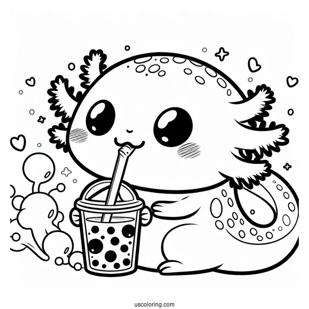Cute Coloring Page Of Axolotl Drinking A Boba Tea