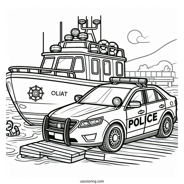 Police Car Coloring Page Parked On A Port Beside A Police Boat