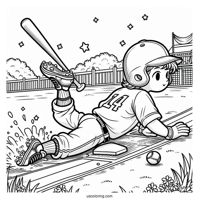 Baseball Coloring Page Of Player Sliding into Home Plate For Kids