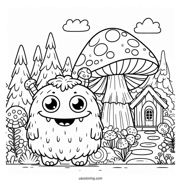 Grinning Monster Standing In Front Of Mushroom Coloring Page Of Houses