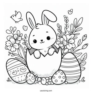 Easter Coloring Page Of Cute Easter Bunny Coming Out Of Egg