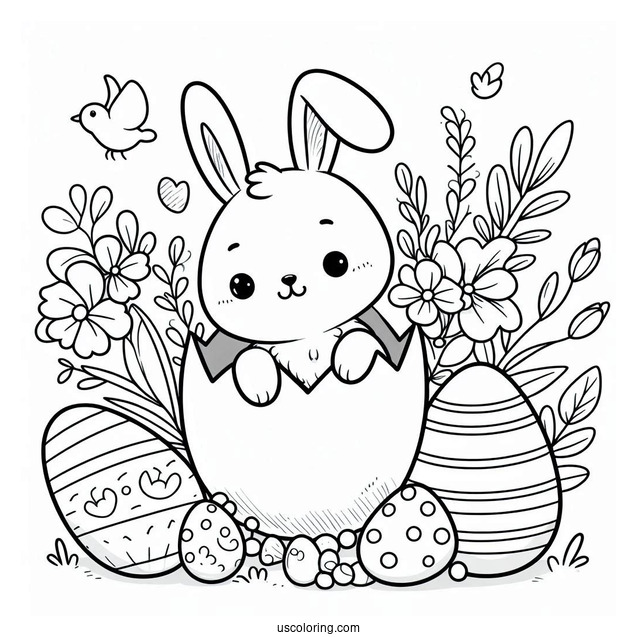Easter Coloring Page Of Cute Easter Bunny Coming Out Of Egg