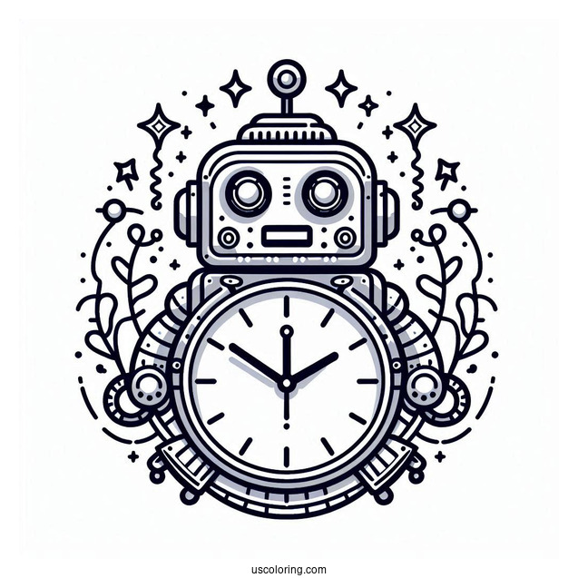 Coloring Page Of a Robot Themed Clock