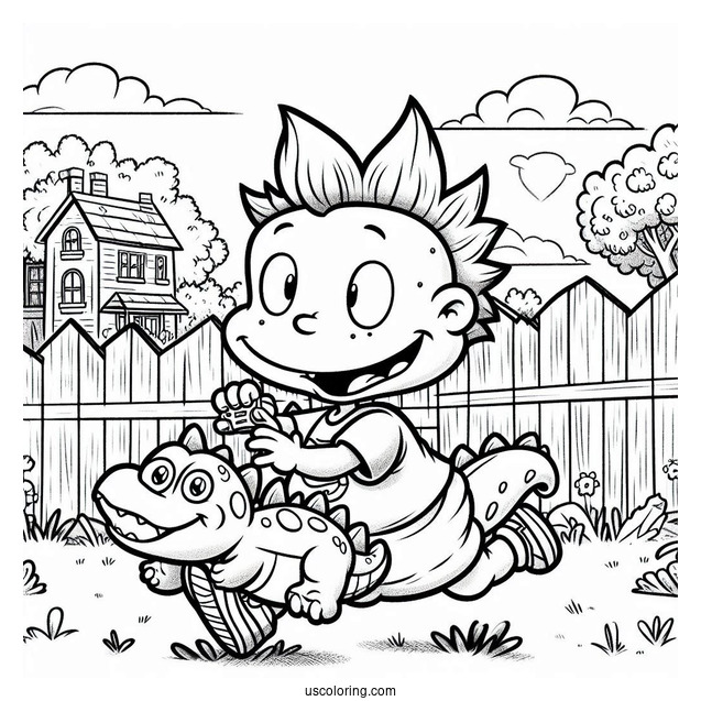 Rugrats Coloring Page Of Spike Running In Backyard With Toy Reptar