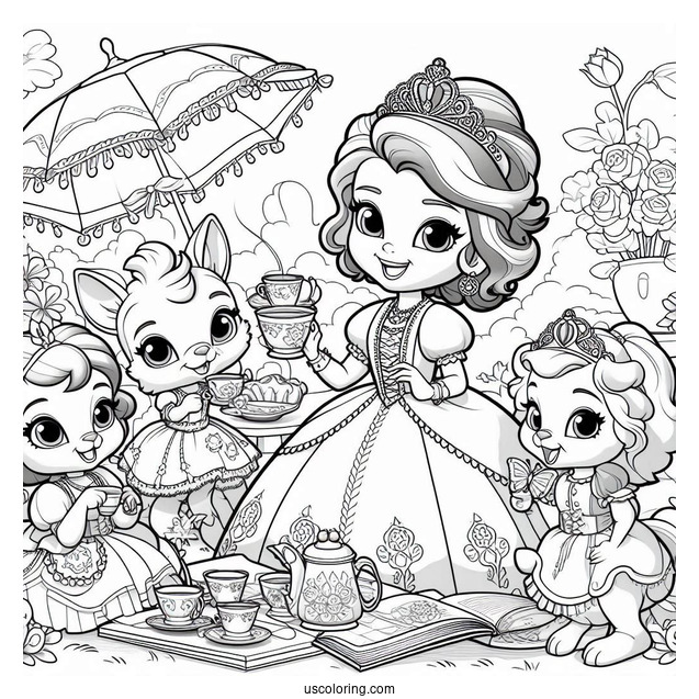 Sofia The First Coloring Pages Tea Party With Clover, Whatnaught, Griffin, And Mia