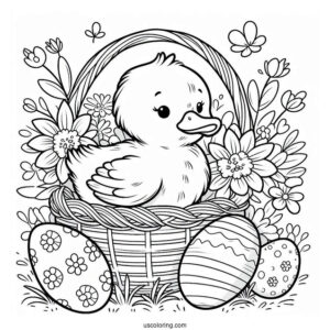 Easter Coloring Page Of Duck Inside Flower Basket With Easter Eggs