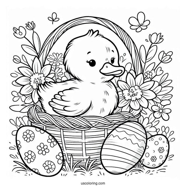 Easter Coloring Page Of Duck Inside Flower Basket With Easter Eggs