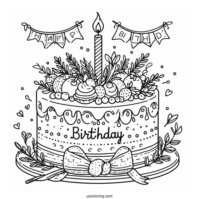 Cake With Happy Birthday Topper Coloring Sheet