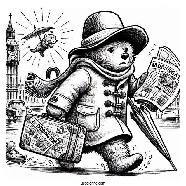 Paddington Coloring Page Rushing In London With His Newspaper, Umbrella, And Suitcase