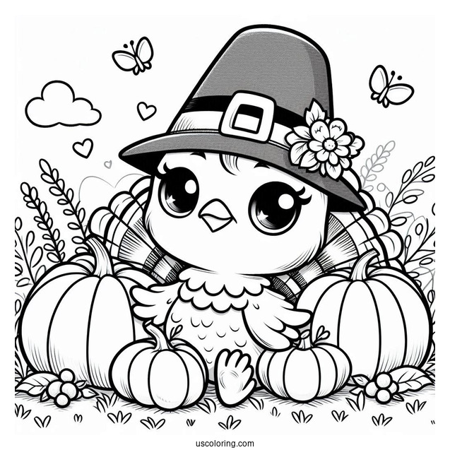 Pilgrim Coloring Page Cute Turkey With Pumpkins On The Grass For Kids