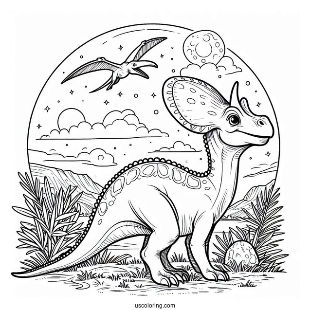 Parasaurolophus Coloring Page With Pterodactyl In The Background