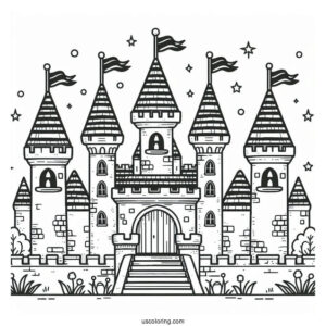 Easy Castle Coloring Page With Flags For Preschoolers