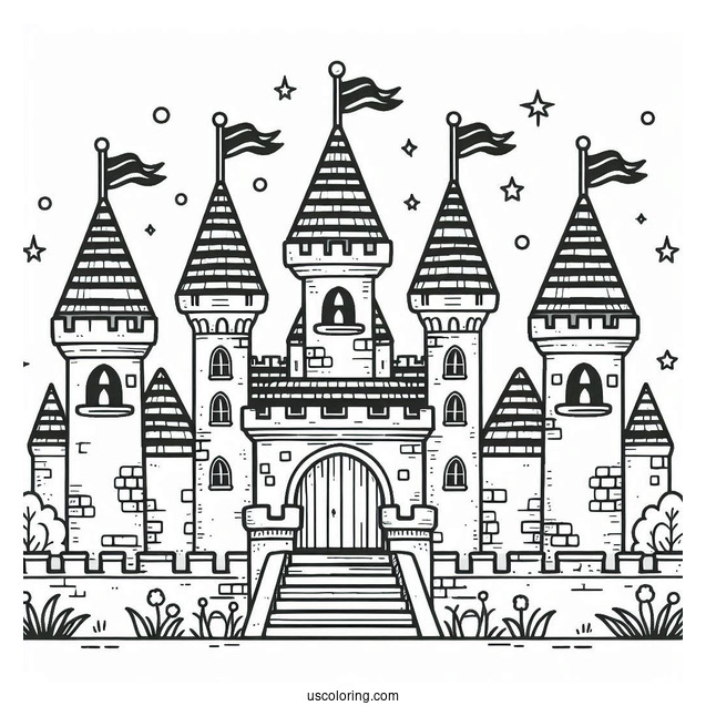 Easy Castle Coloring Page With Flags For Preschoolers