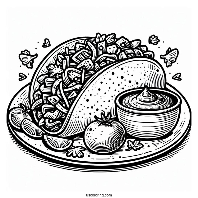 Taco Coloring Page On A Plate With Salsa