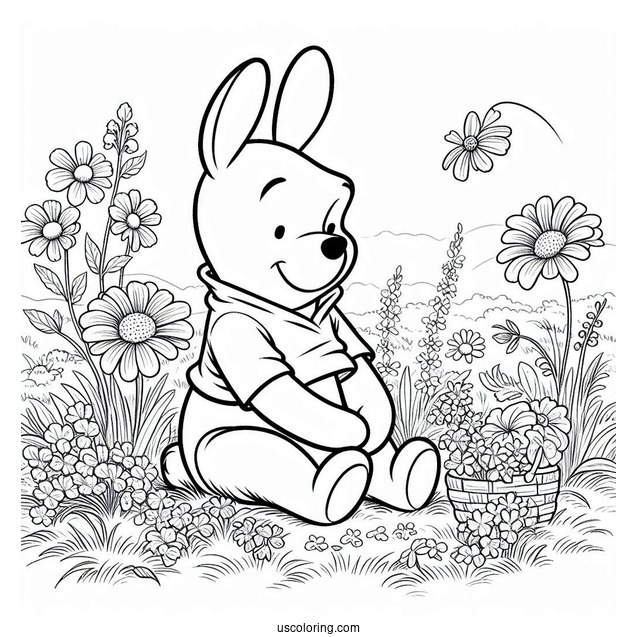 Winnie The Pooh Sitting On A Flower Field With A Rabbit Coloring Page