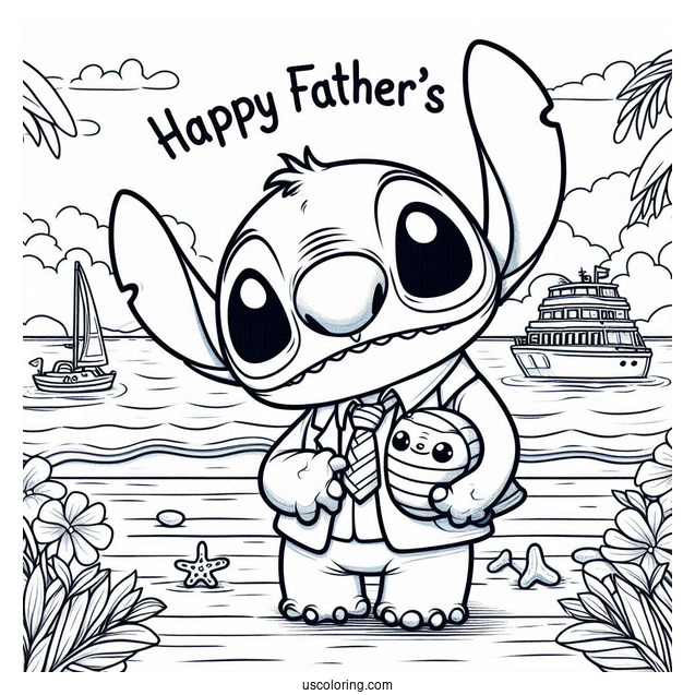 Stitch Holding Up A Father's Day Coloring Page Of Greeting At The Beach For Kids