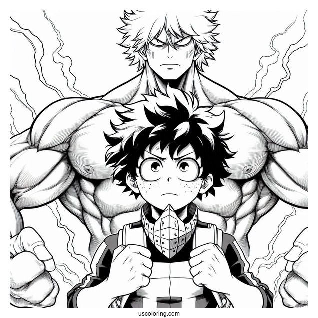 Izuku Midoriya In Front Of Muscular Deku Coloring Page