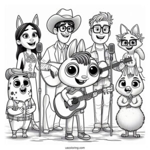Sing Coloring Page Of Buster Moon With Rosita, Mike, Ash, Johnny, Meena, Gunter, And Eddie