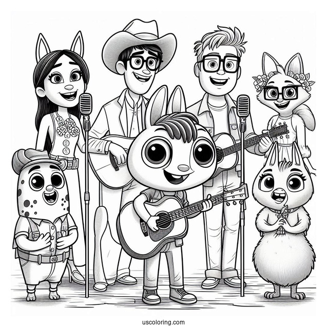 Sing Coloring Page Of Buster Moon With Rosita, Mike, Ash, Johnny, Meena, Gunter, And Eddie