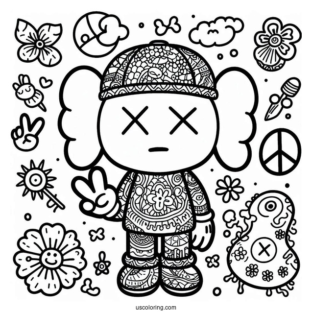 Dissected KAWS Coloring Page Companion With Hippie Elements