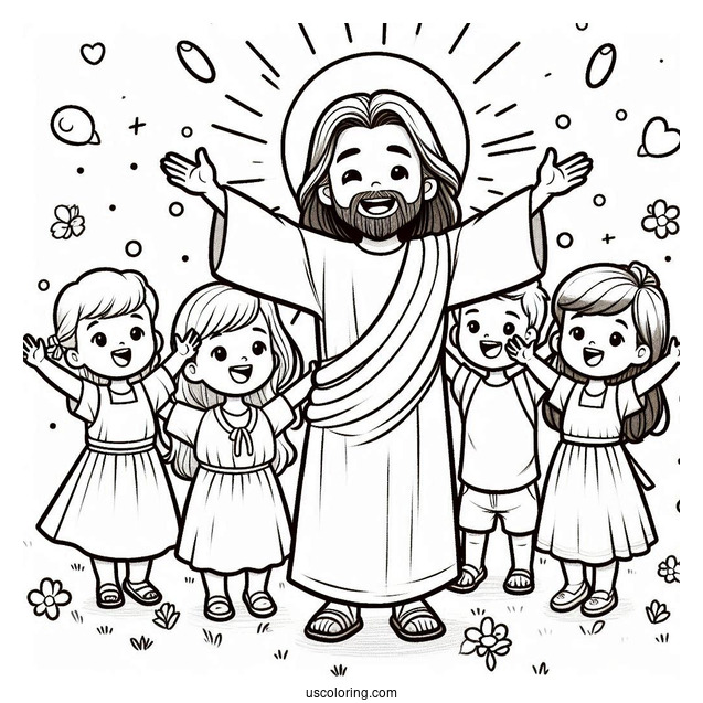 Cute Children Rejoicing Around Jesus Coloring Page