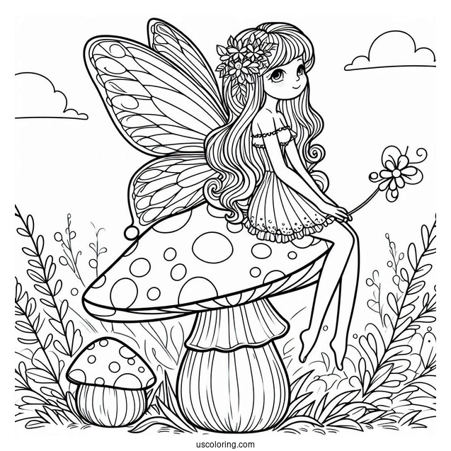 Pretty Fairy Sitting On A Mushroom Coloring Page