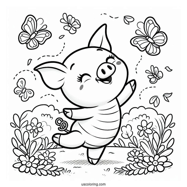 Happy Piglet Coloring Page Dancing In The Garden With Butterflies