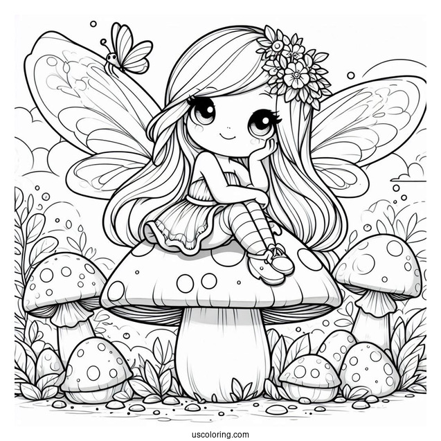 Pretty Fairy Sitting On A Mushroom Coloring Page
