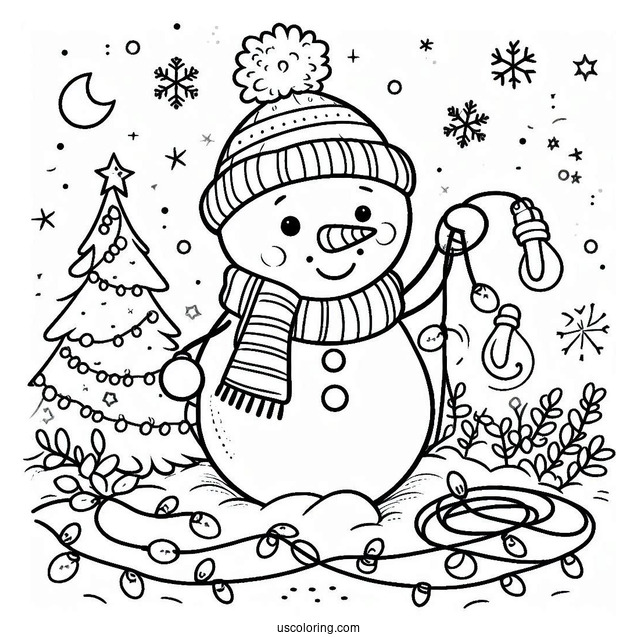 Cute Snowman Playing With Christmas Lights