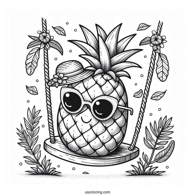 Pineapple Coloring Page on Swing Wearing Sunglasses and Hat