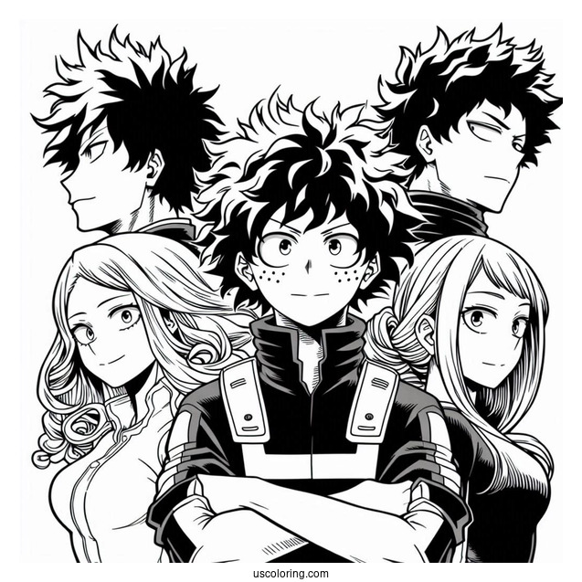 My Hero Academia Coloring Page Of Izuku, Katsuki, Shouto, And Ochako