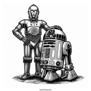 Detailed R2-D2 Coloring Page With C3PO