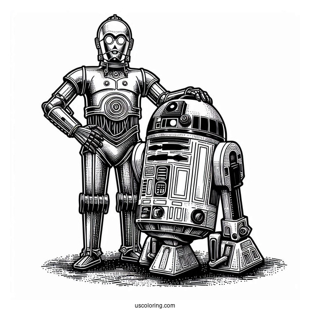 Detailed R2-D2 Coloring Page With C3PO