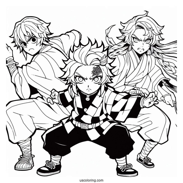 Tanjiro Coloring Page Fighting Alongside Zenitsu Agatsuma And Inosuke Hashibira
