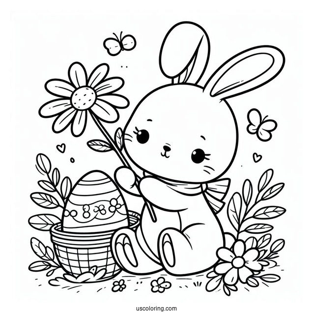 Adorable Easter Coloring Page Of Bunny Holding A Flower For Kids