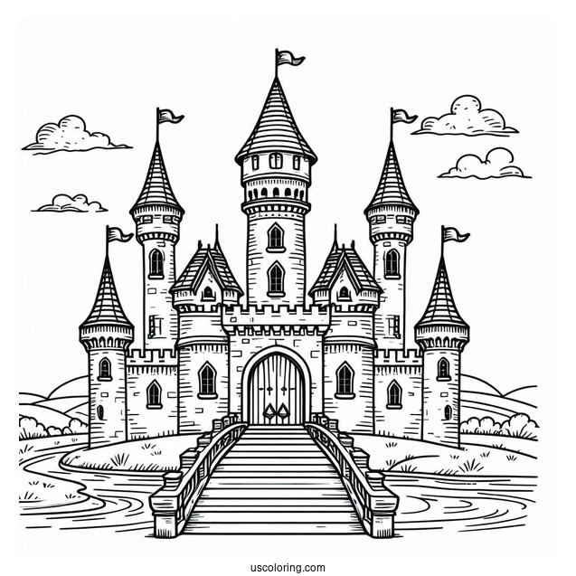 Front View Of A Castle Coloring Page With Bridge And Moat