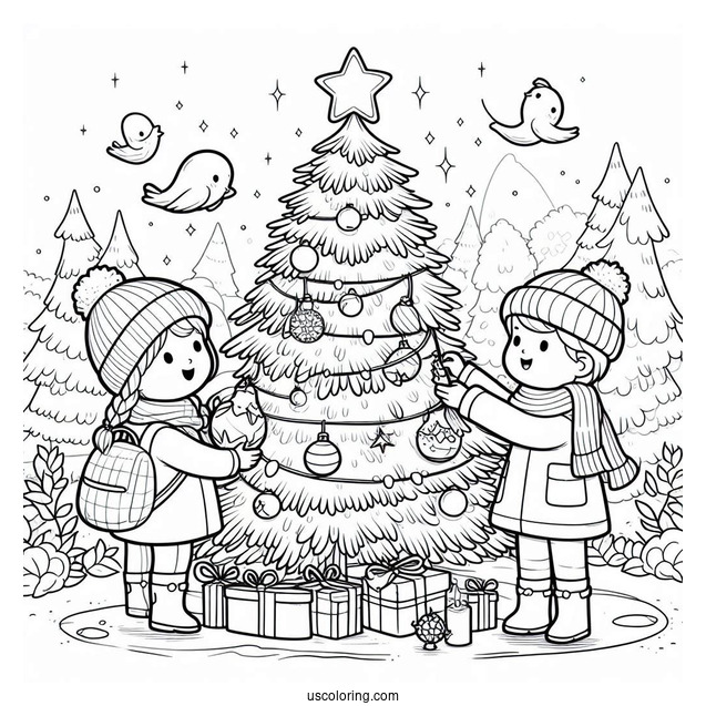 Children Decorating a Christmas Tree To Color