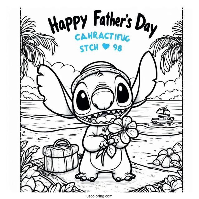 Stitch Holding Up A Father's Day Coloring Page Of Greeting At The Beach For Kids