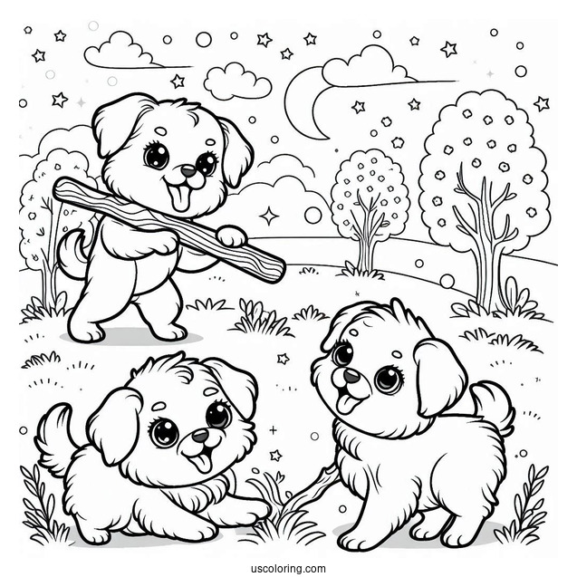 Three Dogs Playing With Large Stick