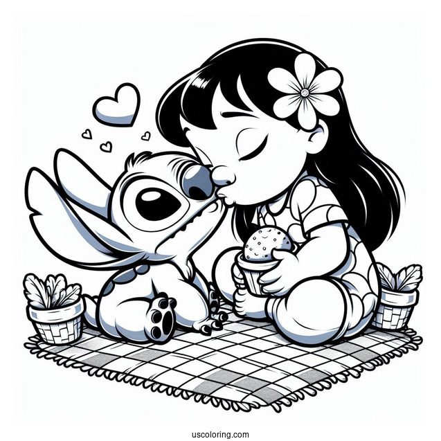 Lilo Kissing Stitch On The Check Coloring Page