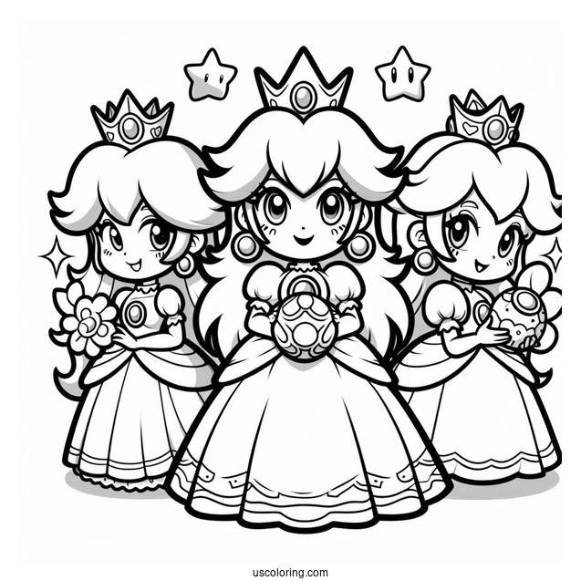 Easy Princess Peach, Rosalina, And Princess Daisy Coloring Page For Kids