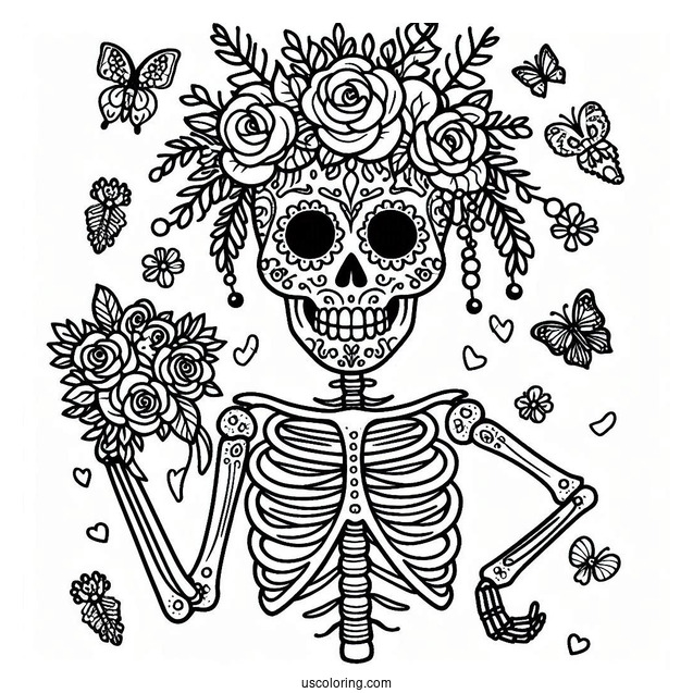 Skeleton Coloring Page Of Sugar Skull With Flower Crown Dancing